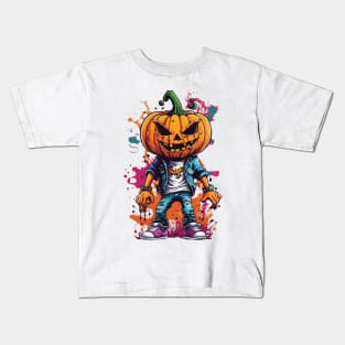 pumpkin smiley face round eyes spooky halloween, happy and handsome pumpkin face Kids T-Shirt